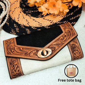 Cowhide Leather Wallet for Woman, Leather Tooled Clutch, Phone Carrier Clutch